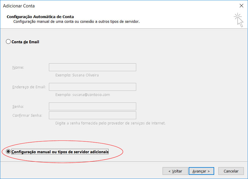 Tela Outlook para configuração de conta