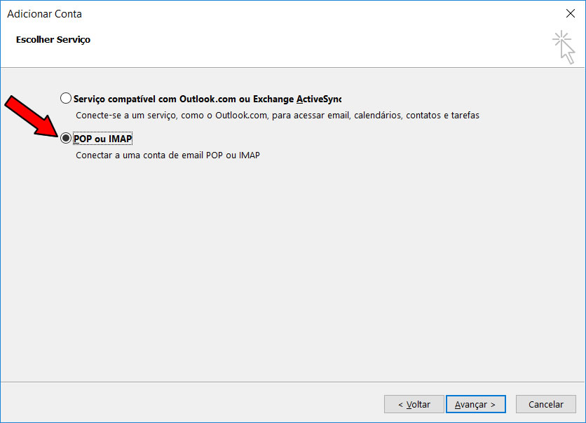 Tela Outlook sobre escolha de serviço.