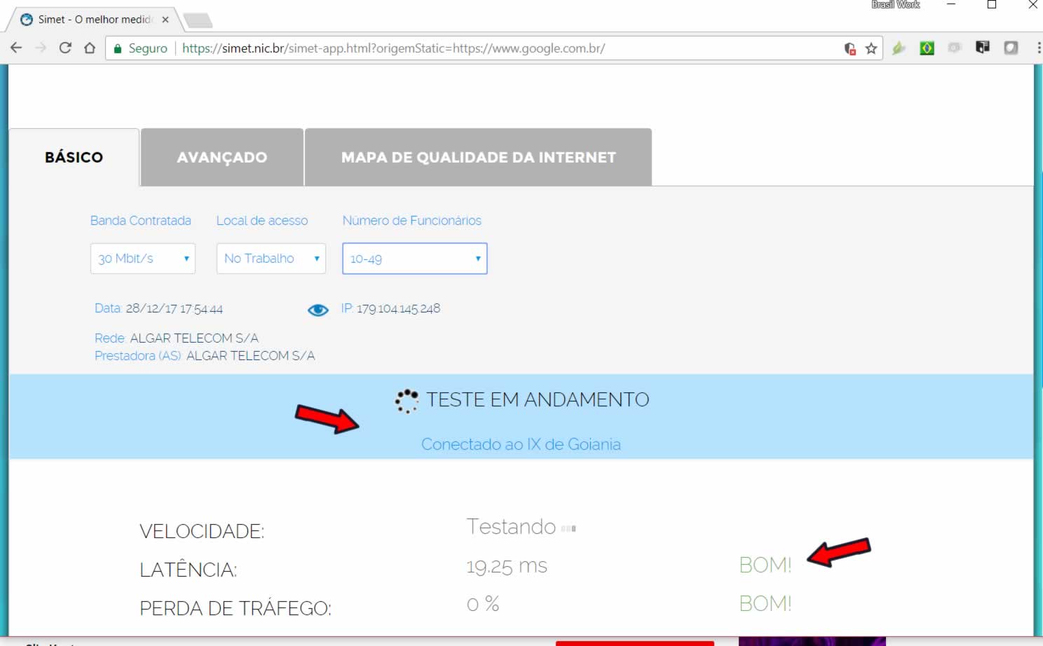 Medidor de teste de velocidade de download e upload da internet