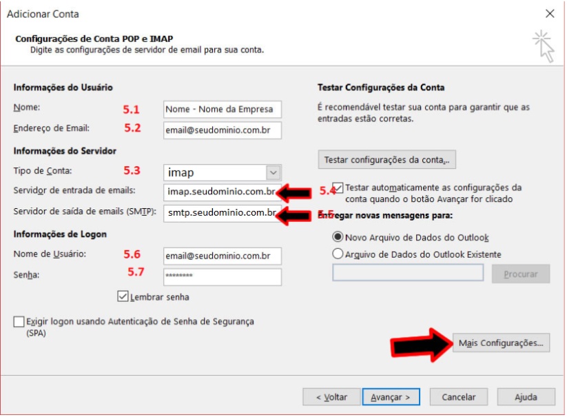 Painel Outlook configuração POP e IMAP