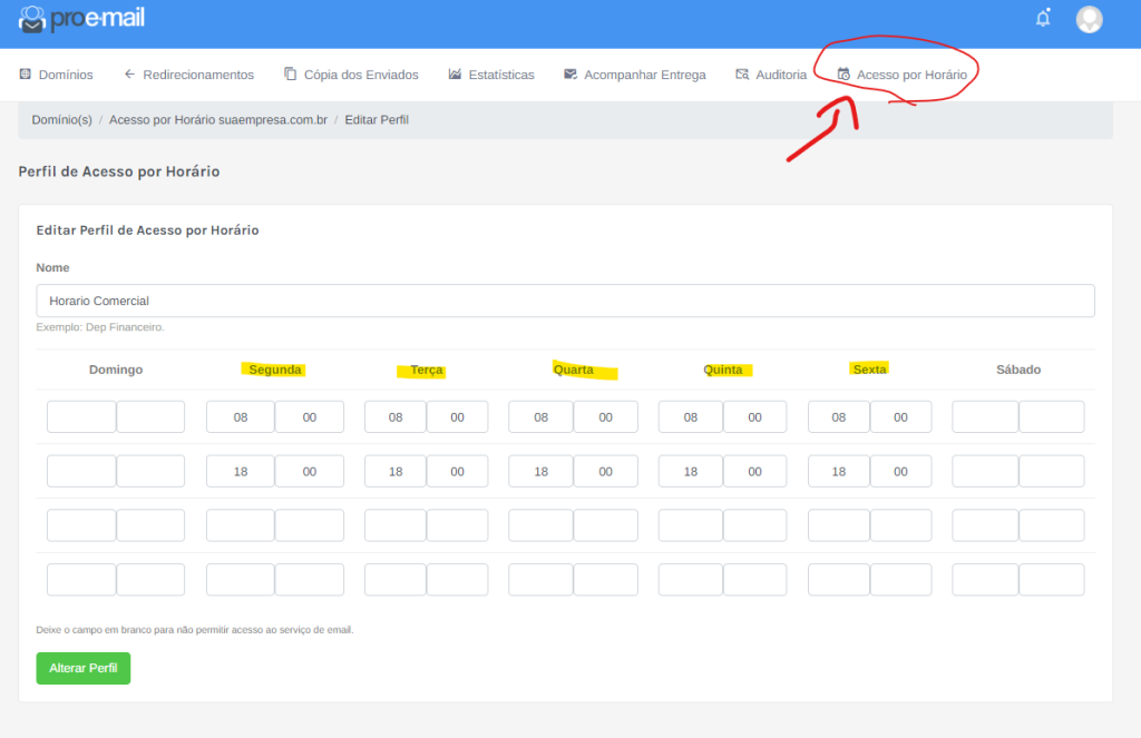 horário de acesso pro email