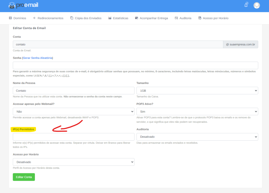 habilitando o IP para acessar a conta de e-mail no pro email