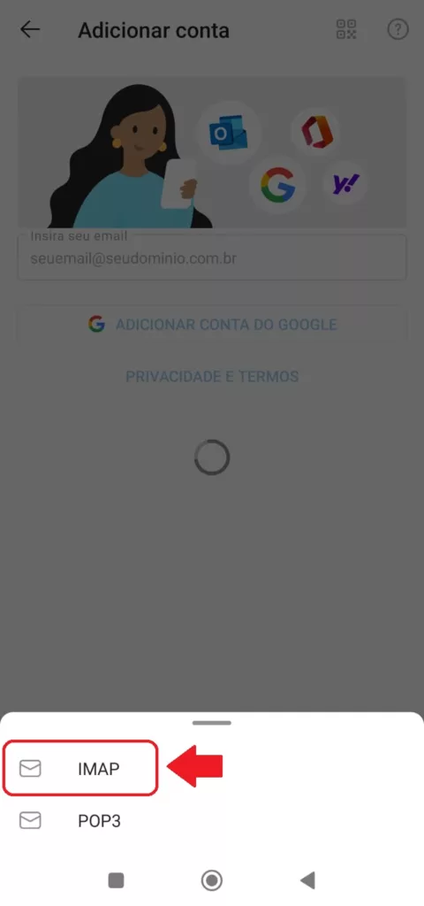 Selecionar opção de configuração da conta para configurar o e-mail no Outlook pelo celular
