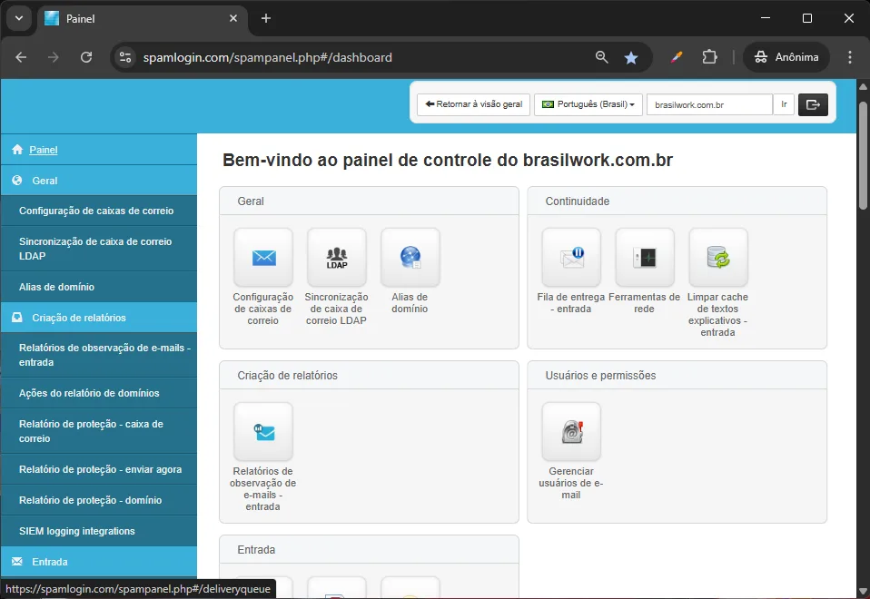 Painel Antispam Cloud - tela de login