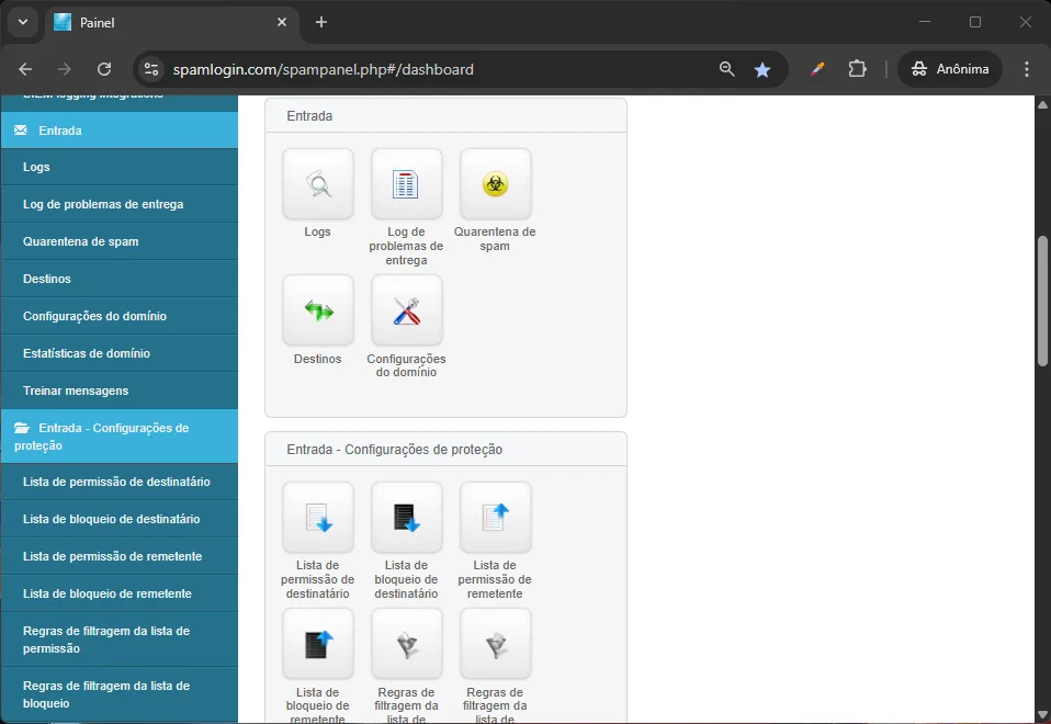 Painel Antispam Cloud - recursos do painel