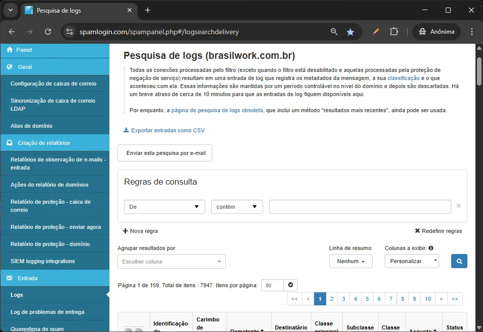 Painel Antispam Cloud - pesquisa de logs