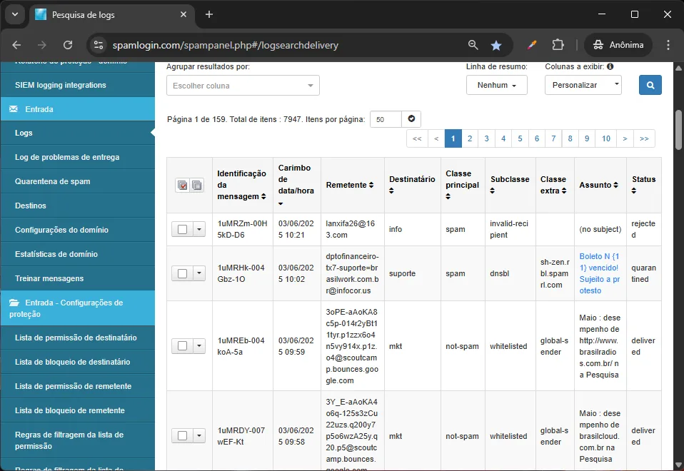 Painel Antispam Cloud - listagem e busca de emails