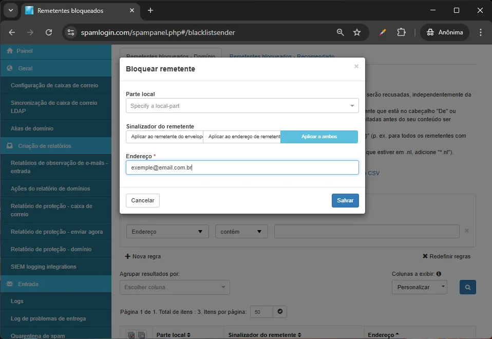 Painel Antispam Cloud - Lista de emails para serem bloqueados