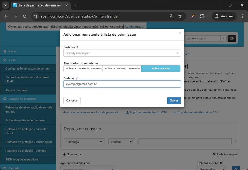 Painel Antispam Cloud - Lista de emails para serem liberados