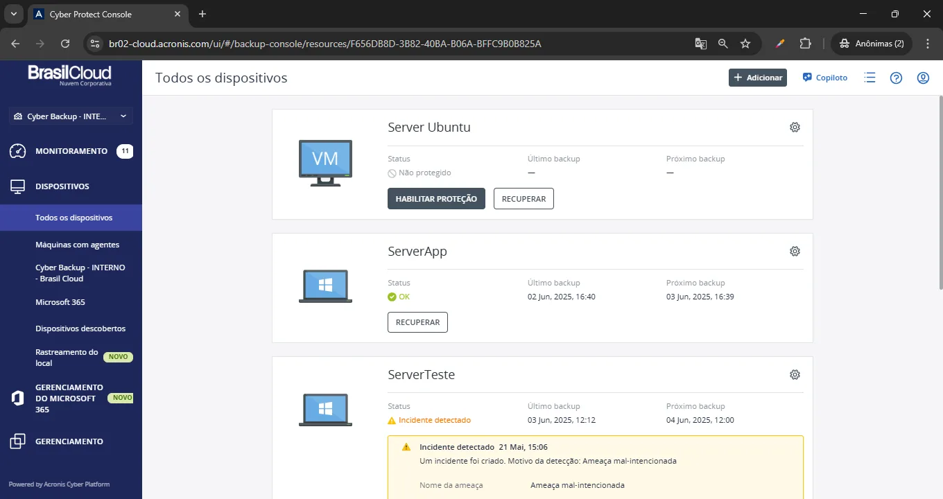 print painel backup Console - Gestão de Servidores