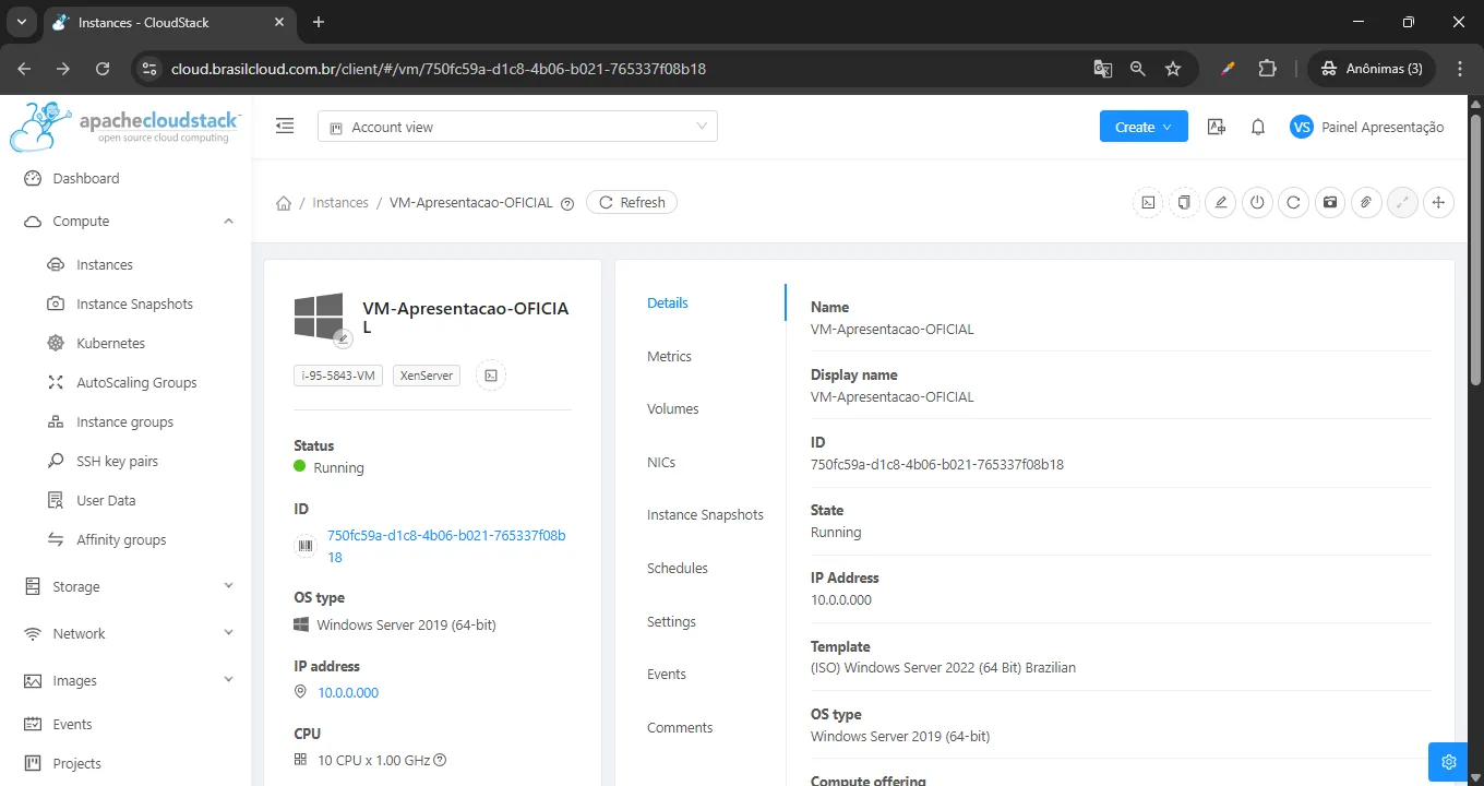 Painel Data Center Virtual - detalhes do servidor vm