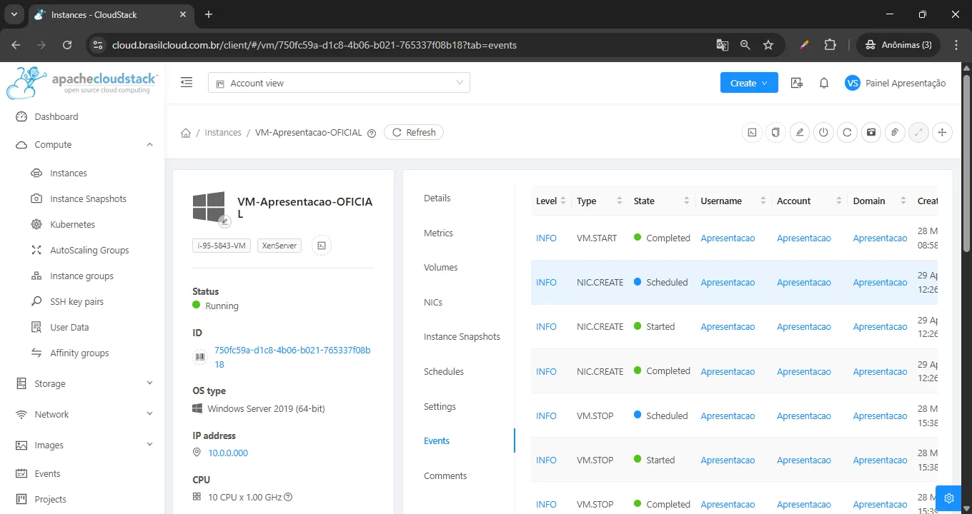 Painel Data Center Virtual - eventos da vm