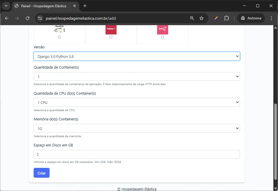 print painel hospedagem django - Selecionar Versão do Django