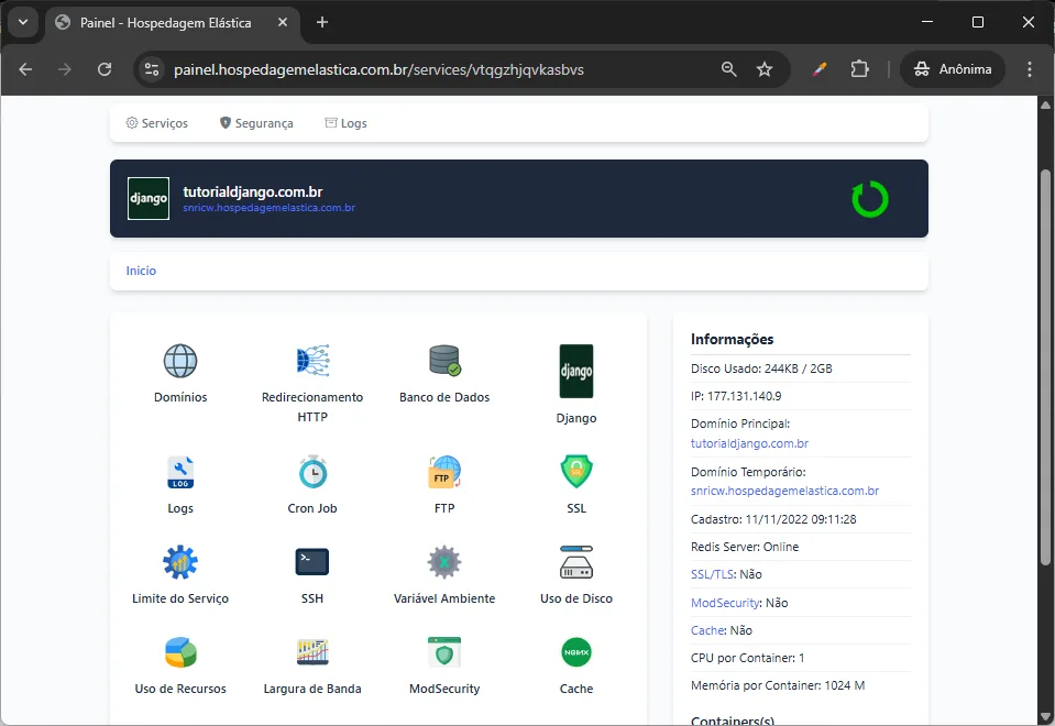 print painel hospedagem django - gerencia e recrusos
