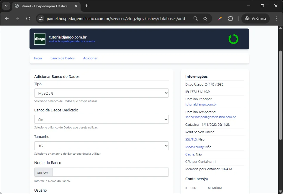 print painel hospedagem django - data base