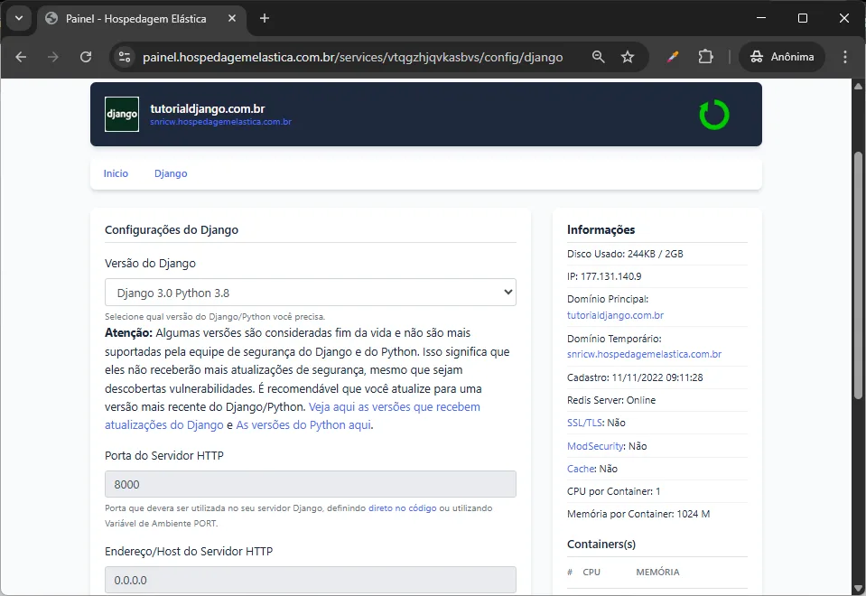 print painel hospedagem django - versionando o Django