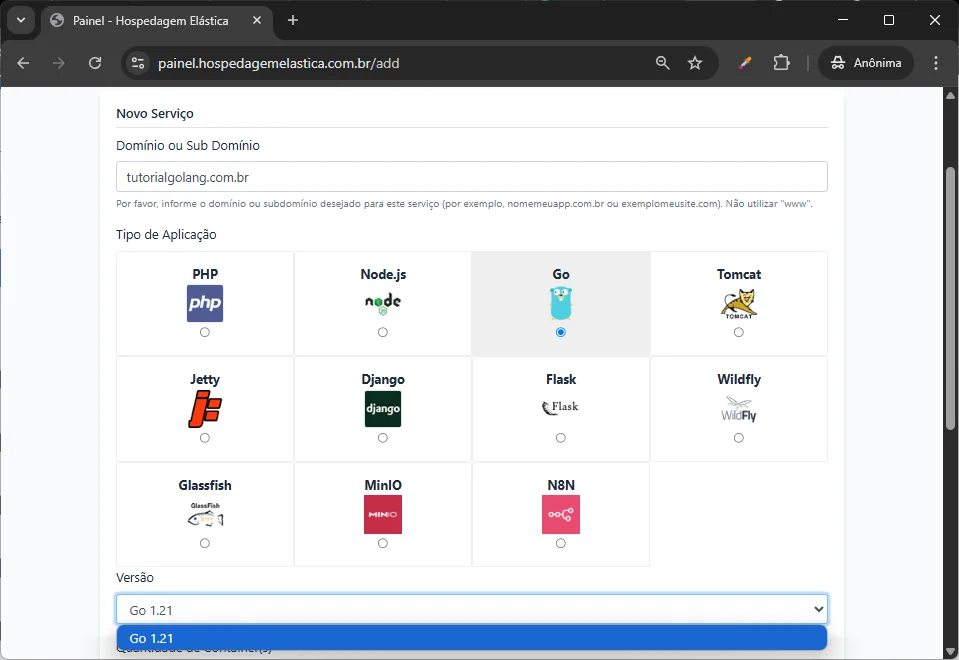 print painel hospedagem golang - criando a hospedagem em 1 click