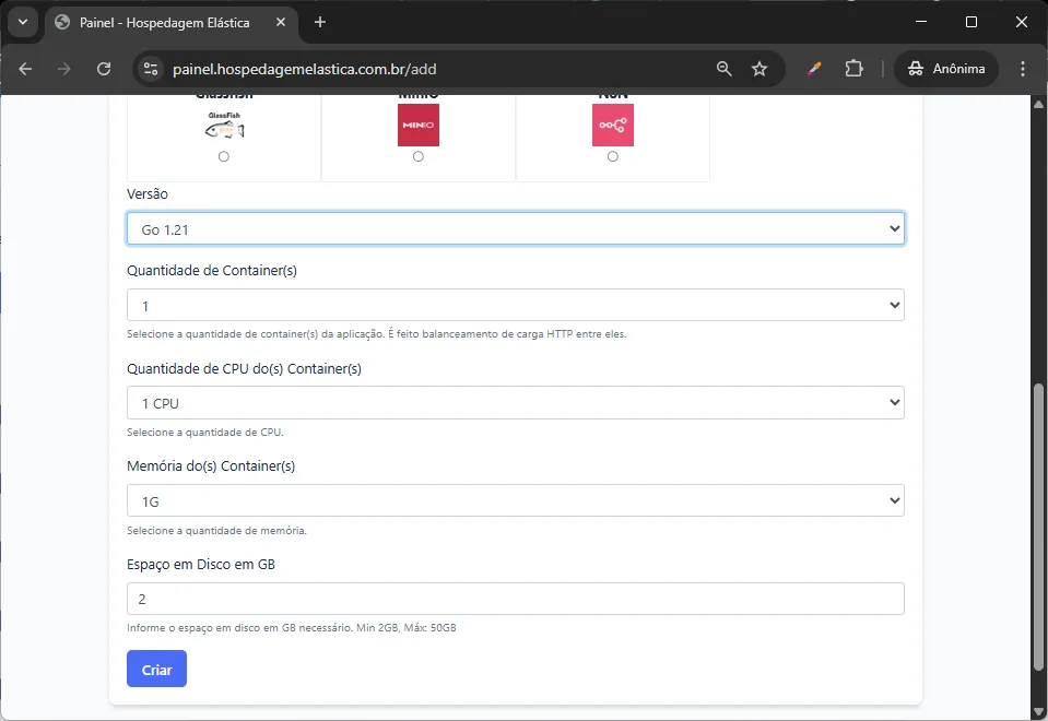 print painel hospedagem golang - escolha a versão
