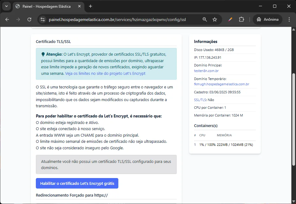 Print painel hospedagem n8n - Ativando o SSL