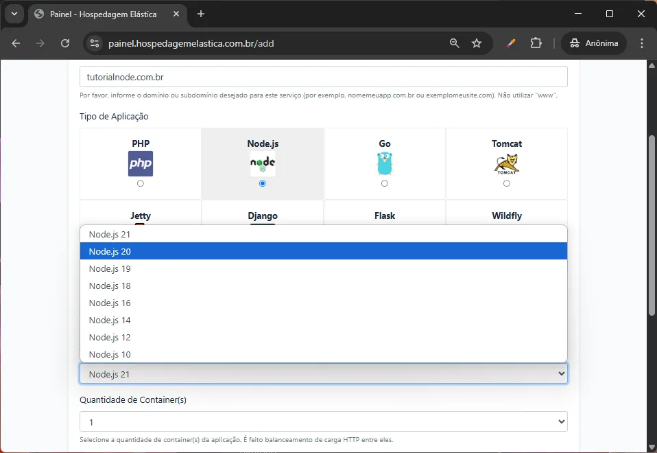 print painel hospedagem node.js - Crie o Node.js em 1 click