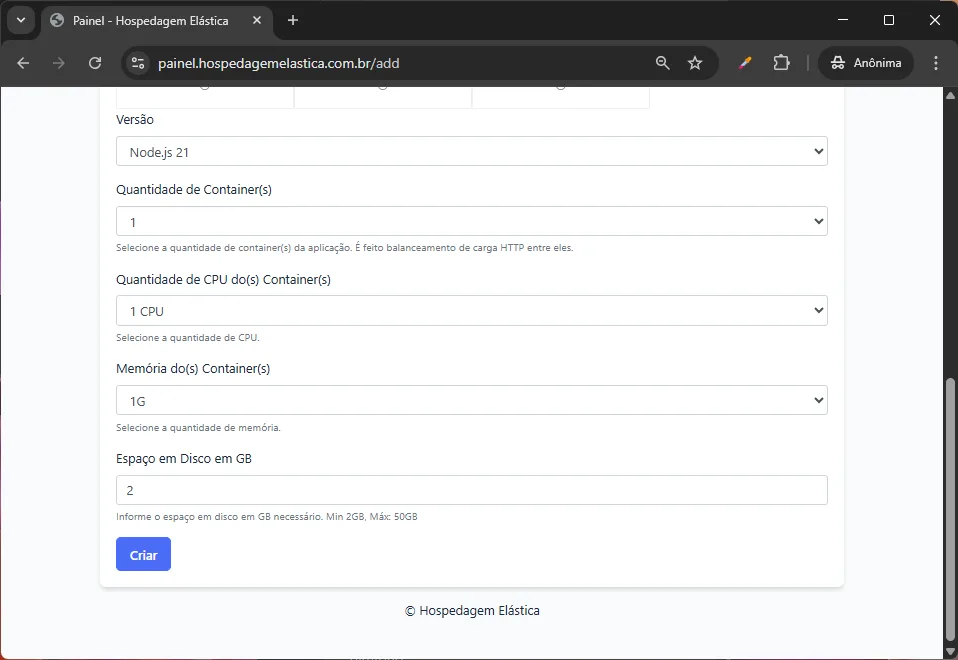 print painel hospedagem node.js - Selecione a versão do node.js