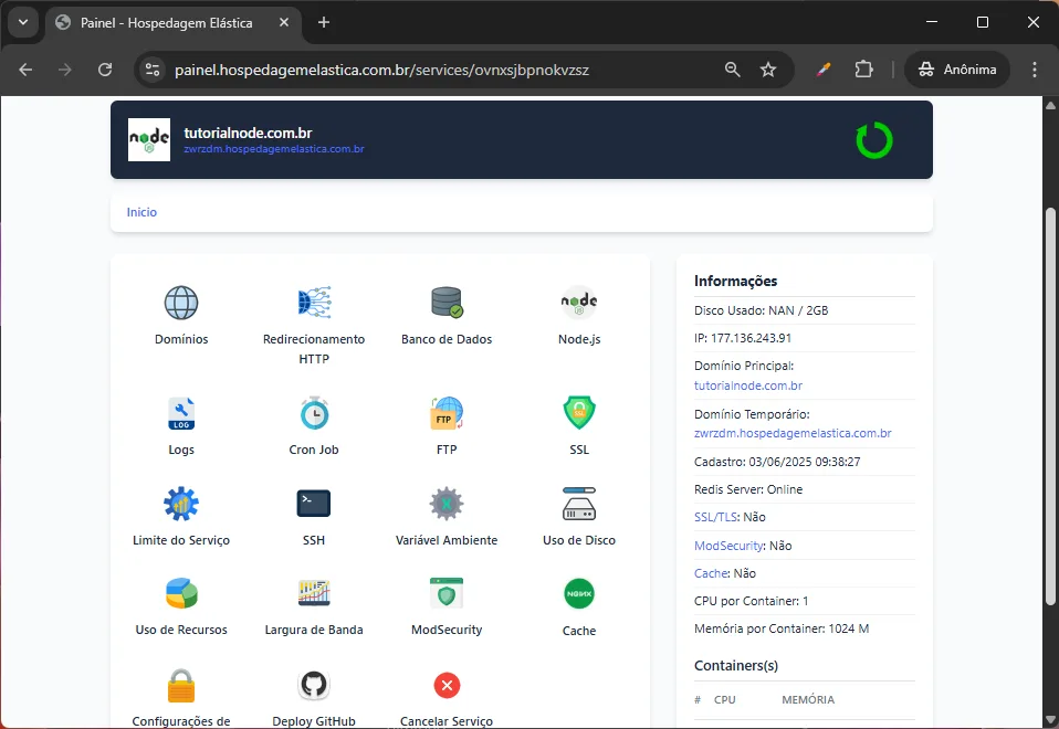 print painel hospedagem node.js - Painel de recursos e gestão