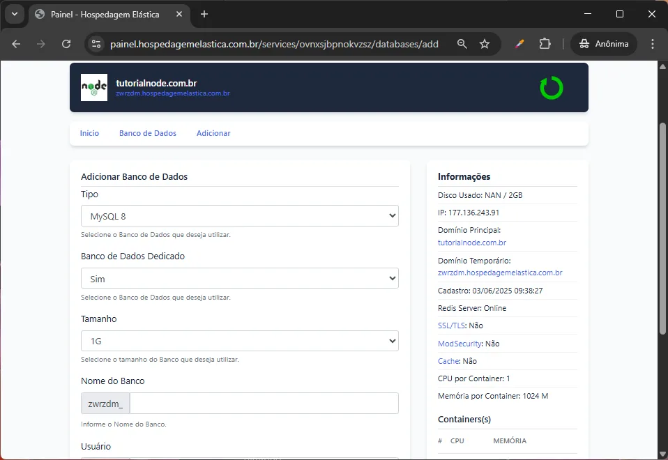 print painel hospedagem node.js - banco de dados