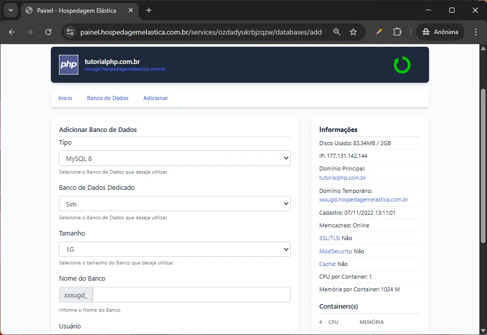 Print painel hospedagem php - Criando banco de dados