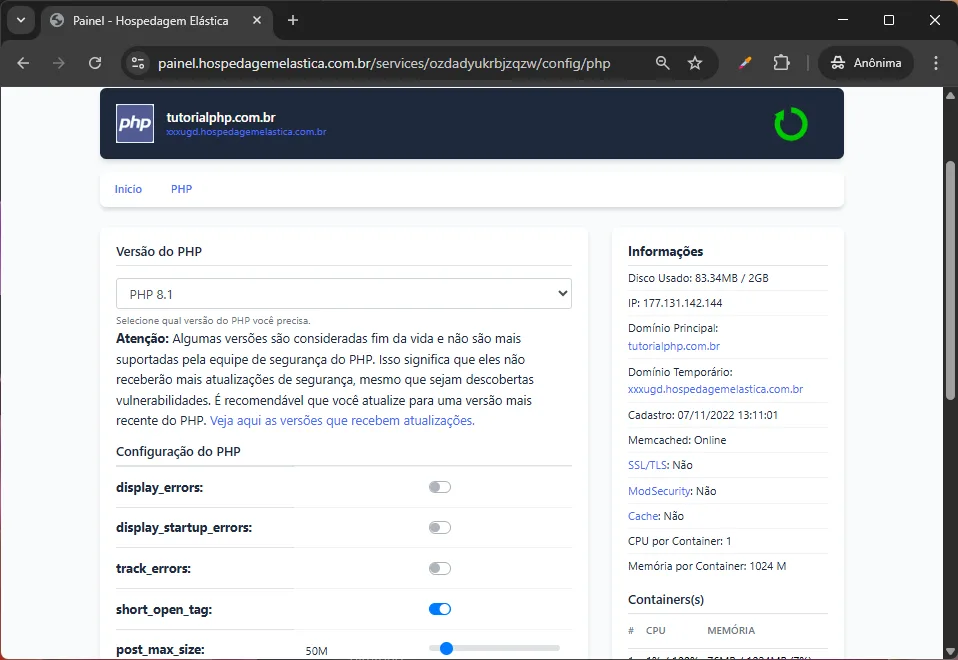 Print painel hospedagem php - Configuração do php