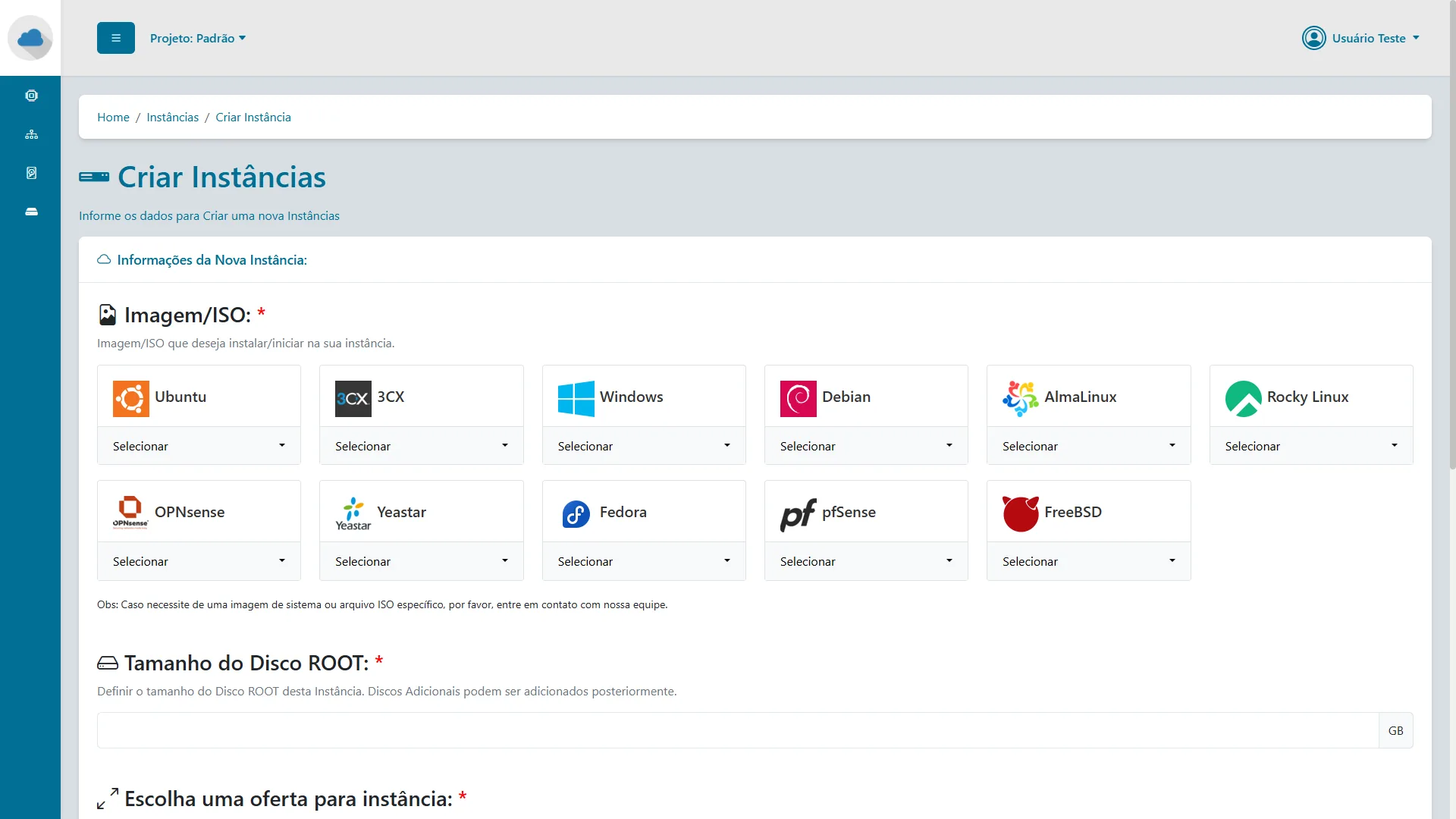 Painel do Data Center Virtual - Criando um Cloud Server - Vários O.S. disponiveis