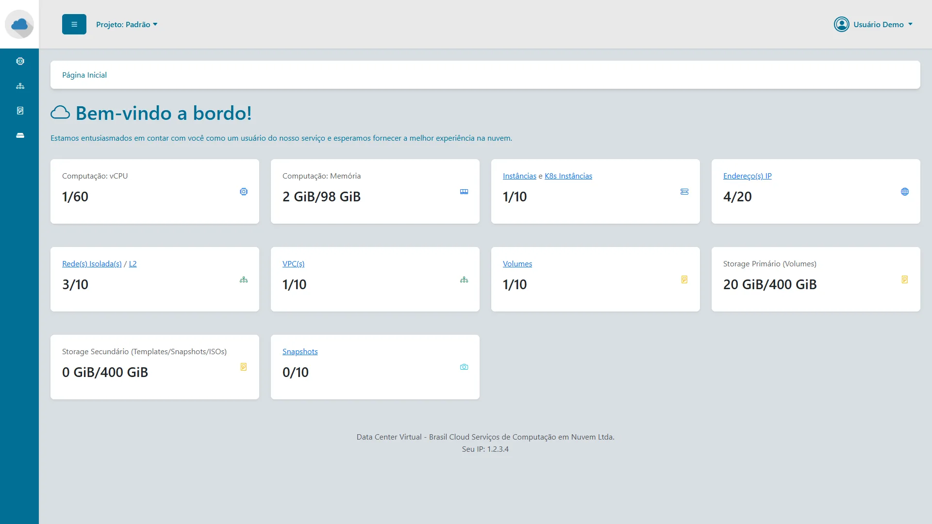 Painel do Data Center Virtual - Dashboard