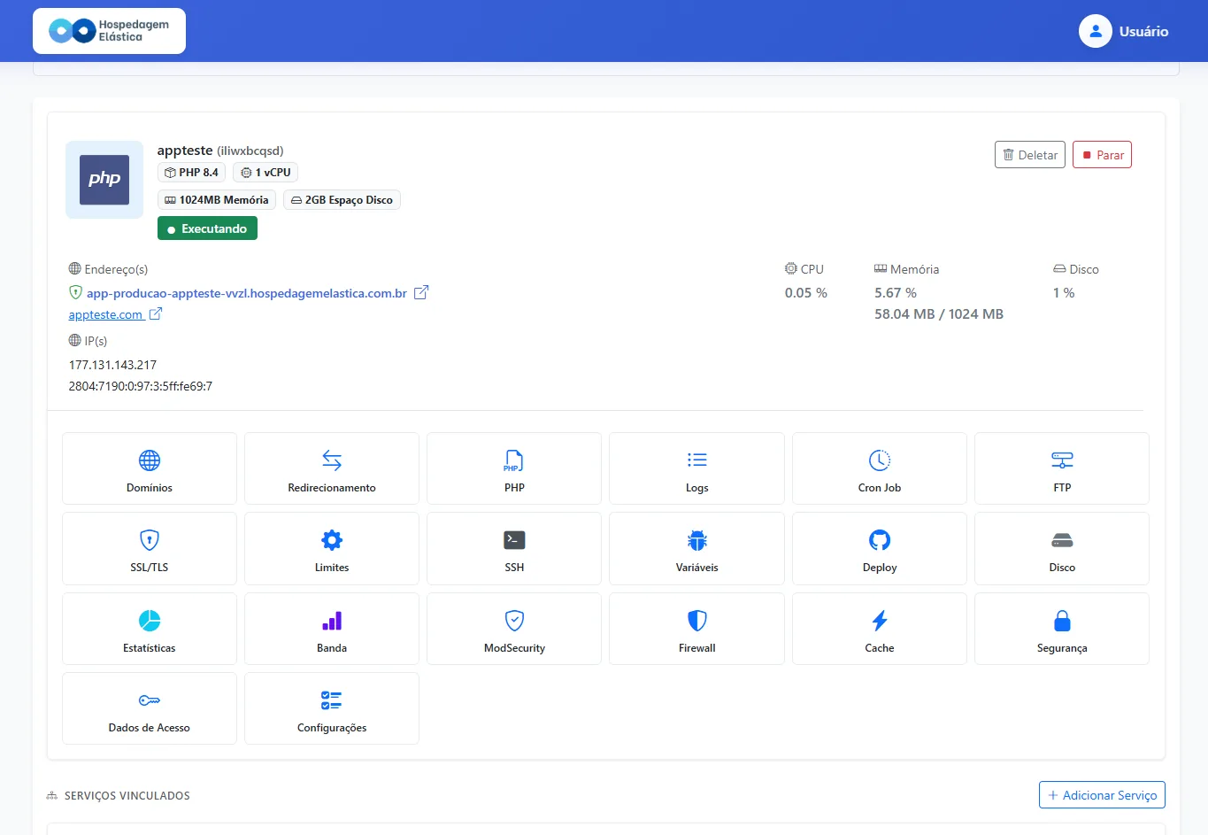 Print painel hospedagem php - Escolhendo a versão do banco de dados