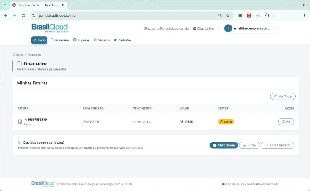 Interface Novo Painel de Cliente Brasil Cloud