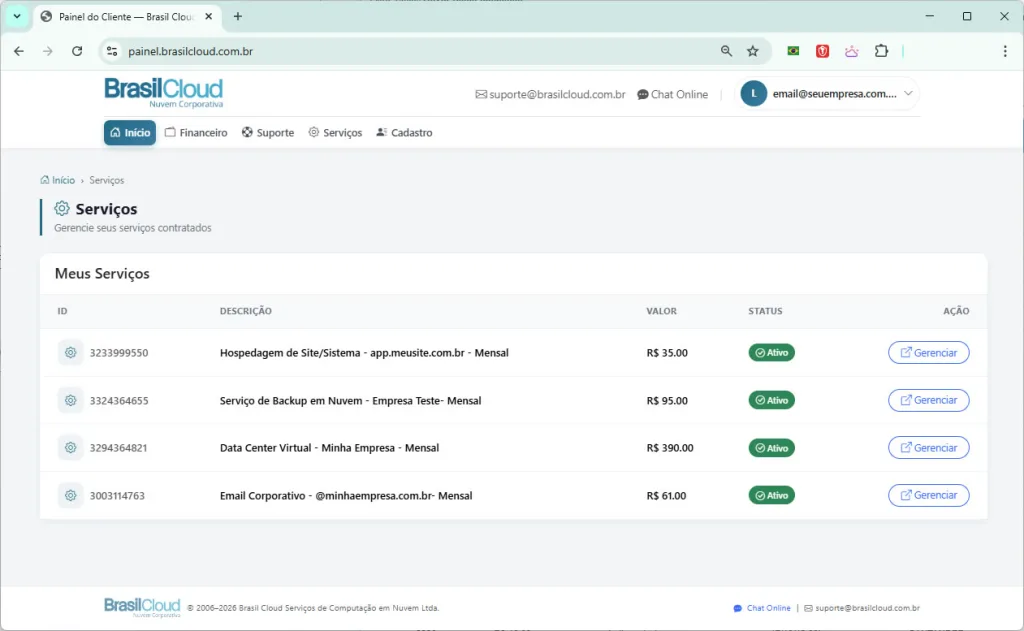 interface: Novo Painel de Cliente Brasil Cloud