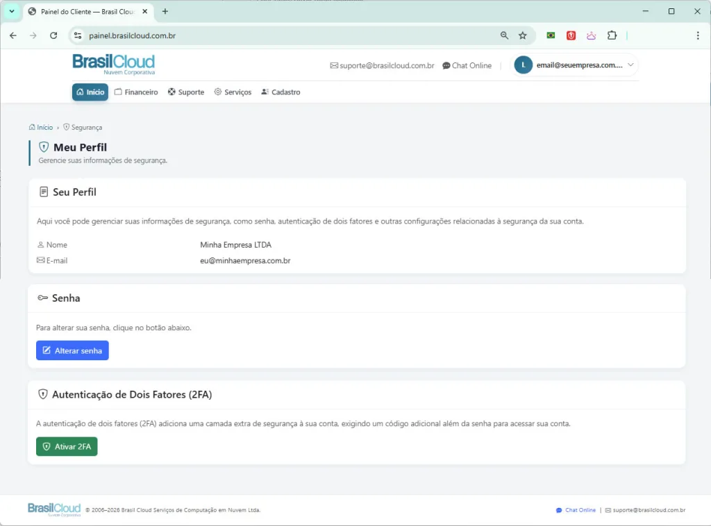 duplo fator - Novo Painel de Cliente Brasil Cloud