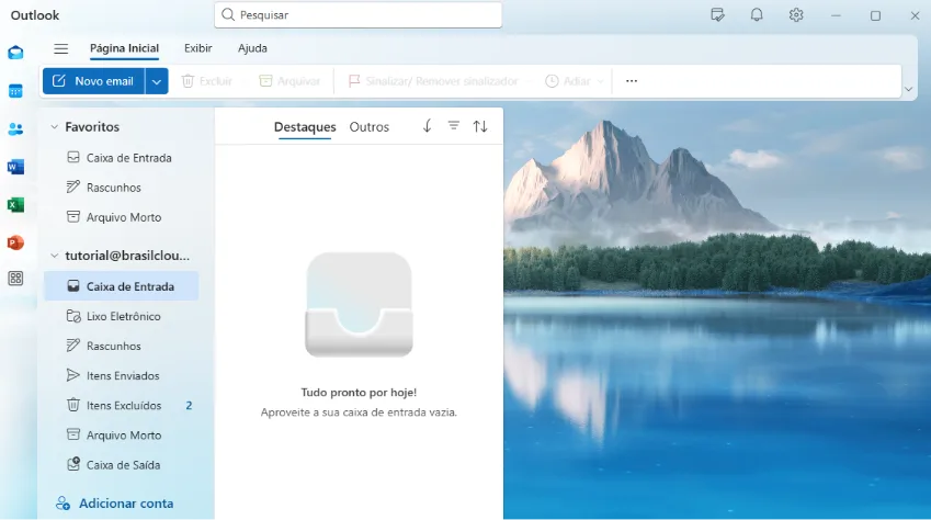 Tela inicial após configuração e sincronização da conta. Caixa de entrada