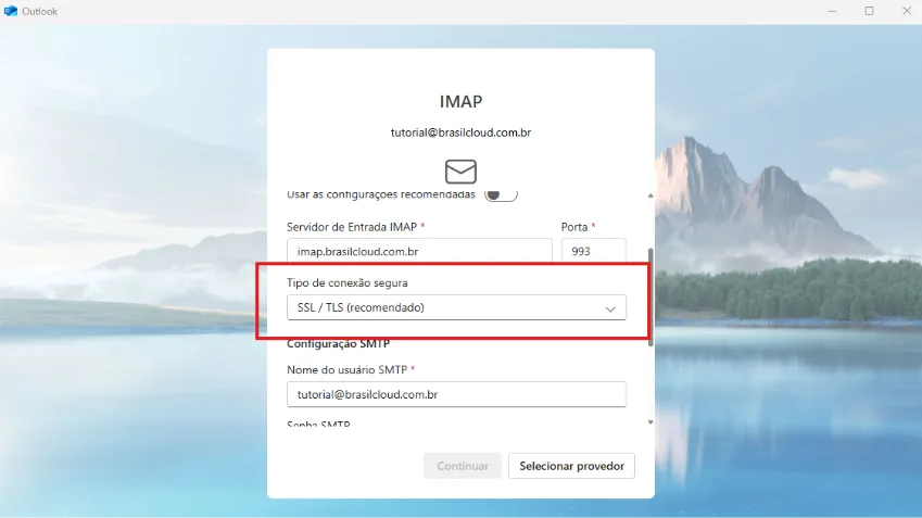 Campo tipo de conexão segura do servidor IMAP