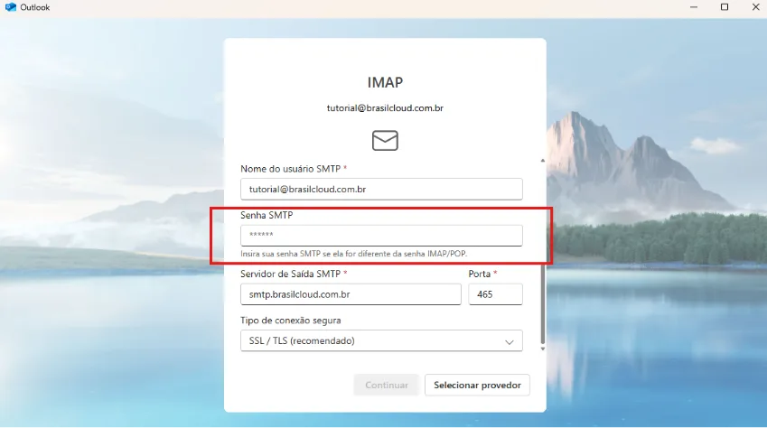 Campo para preencher da senha do usuário. New Outlook