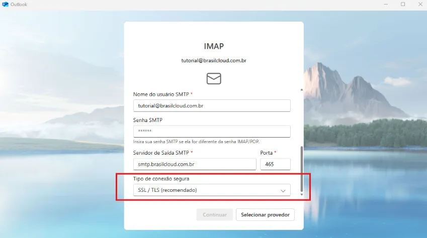 Campo para selecionar o tipo de conexão segura do servidor SMTP