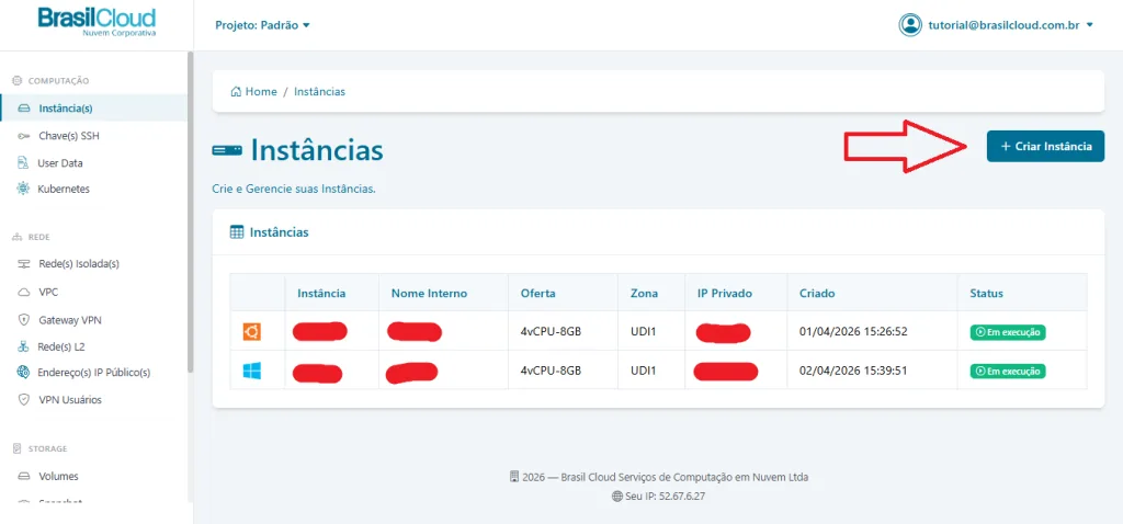 criar máquina virtual no vData Center - botão criar instância